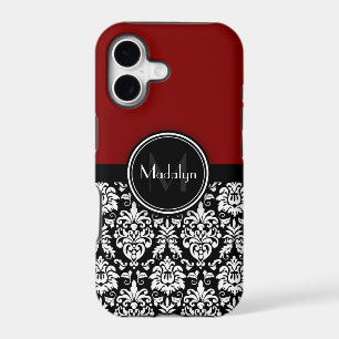 Maroon Black White Damask Monogram Letter