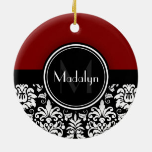 Maroon Black White Damask Monogram Letter Ceramic Ornament