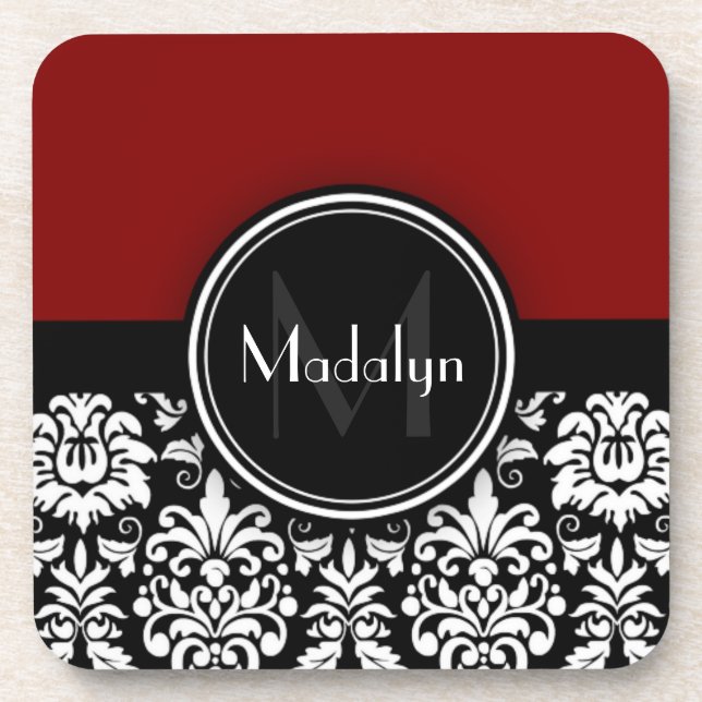 Maroon Black White Damask Monogram Letter Coaster (Front)