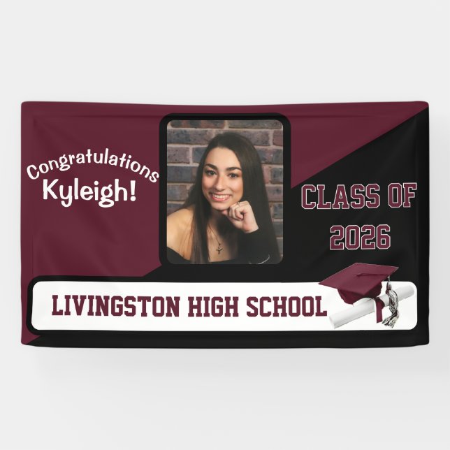 Maroon, Black, & White Graduation Banner (Horizontal)