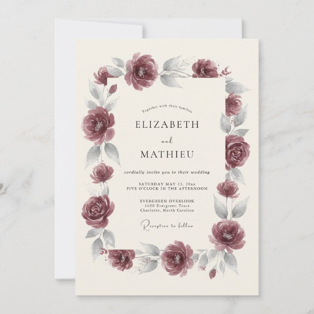 Maroon Bloom Flourish Wedding Invitation (Front)