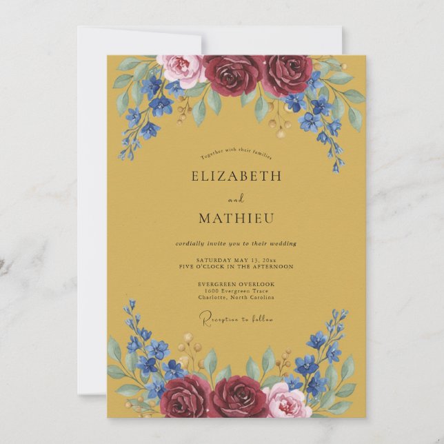Maroon Blue Botanical Flourish Wedding Invitation (Front)