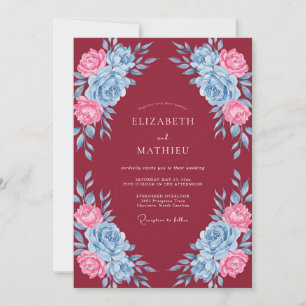 Maroon Blue Pink Floral Wedding Invitation