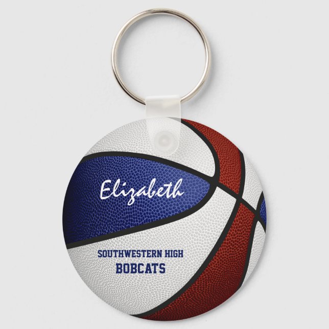 Maroon blue team colours girls boys basketball key ring (Front)