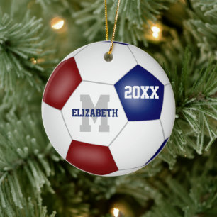 Maroon blue team colours keepsake soccer ceramic ornament