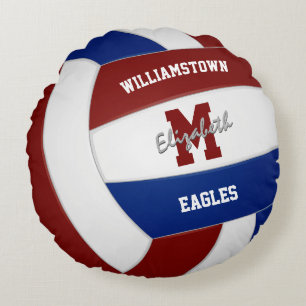 Maroon blue team colours kids volleyball round cushion