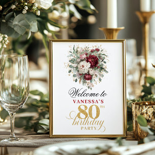 Maroon blush burgundy 80th birthday 8x10 welcome poster