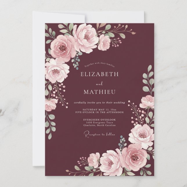 Maroon Blush Floral Botanical Wedding Invitation (Front)