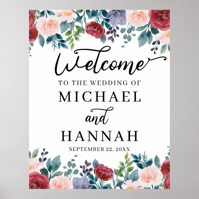 Maroon Blush Flowers Wedding Welcome Poster (Front)