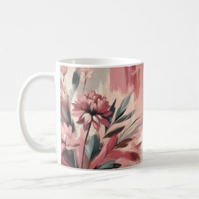 Maroon Blush Paint brush flowers coffee tea mug  (Left)
