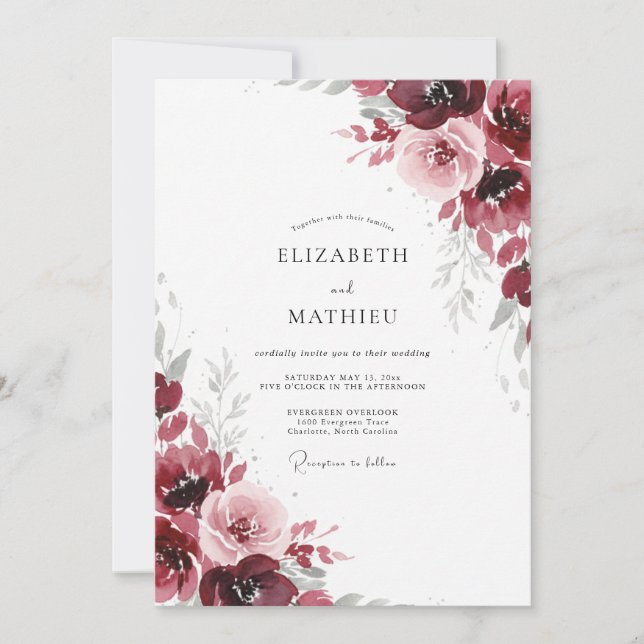 Maroon Blush Peony Wedding Invitation (Front)