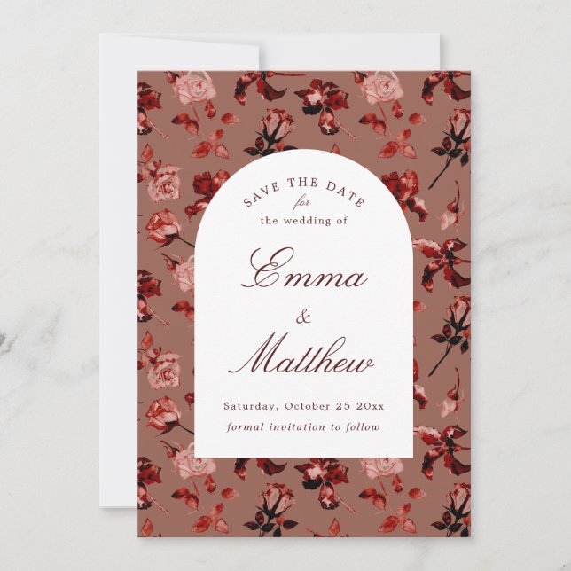 Maroon Boho Botanical Romance QR Save The Date (Front)
