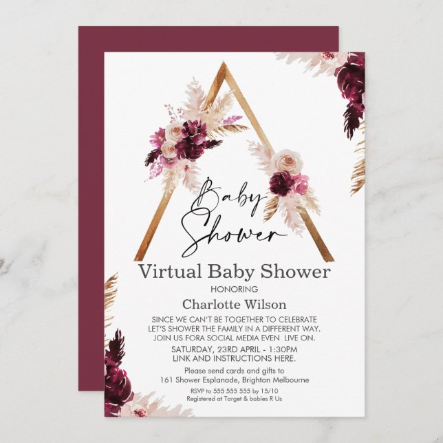 Maroon Boho Pampas Virtual Baby Shower Invitation (Front/Back)