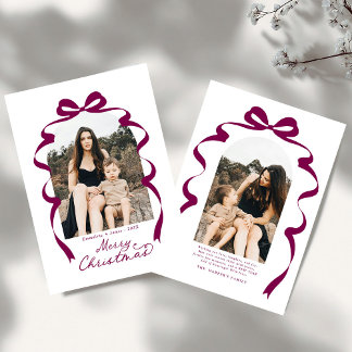 Maroon Bow Photo Merry Christmas Arch Holiday Card