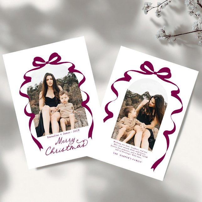 Maroon Bow Photo Merry Christmas Arch Holiday Card (Creator Uploaded)