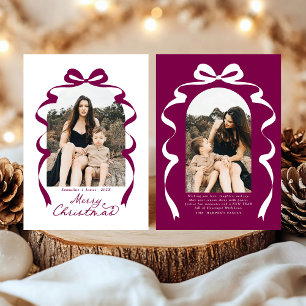 Maroon Bow Photo Merry Christmas Arch Holiday Card
