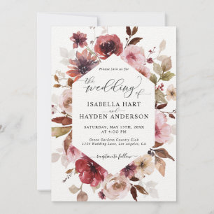 Maroon Brown Blush Pink All In 1 QR Code Wedding Invitation