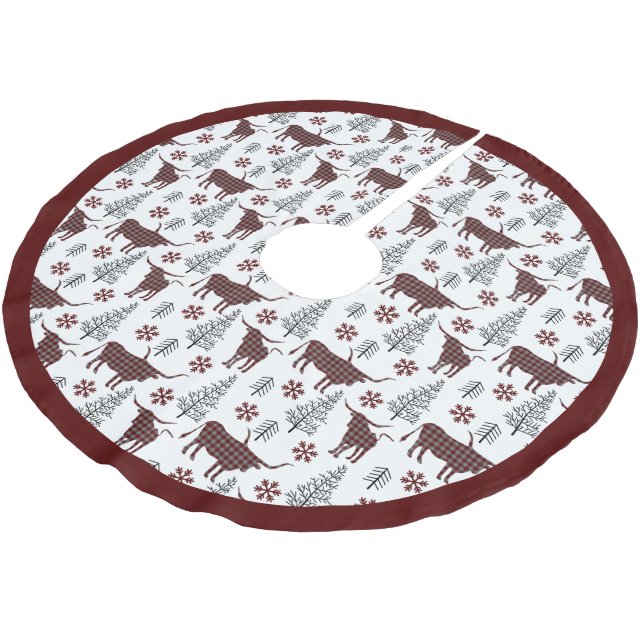 Maroon Buffalo Plaid Longhorn Pattern Brushed Polyester Tree Skirt (Angled)