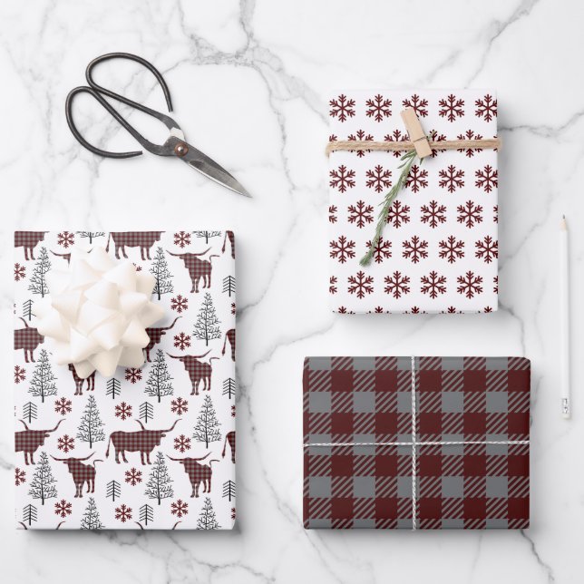 Maroon Buffalo Plaid Longhorn Pattern Wrapping Paper Sheet (Front)