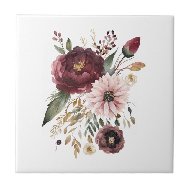 Maroon Burgundy Blush Pink Botanical Floral  Ceramic Tile (Front)