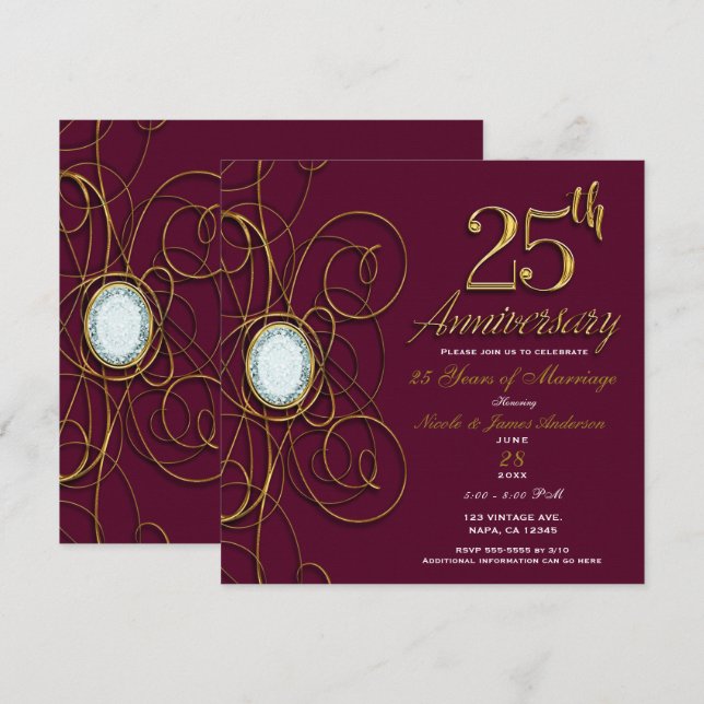 Maroon Burgundy & Gold Diamond 25 25th Anniversary Invitation (Front/Back)