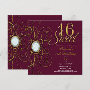 Maroon Burgundy Gold Diamond Sweet 16 Birthday Invitation