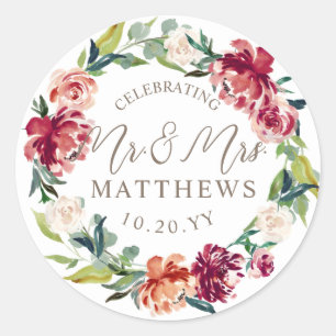 Maroon Burgundy Green Floral Wedding Shower Classic Round Sticker