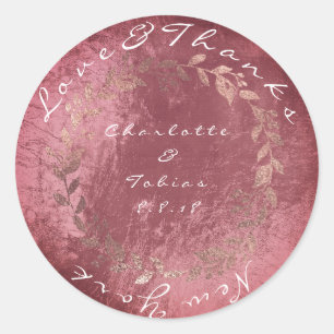 Maroon Burgundy Rose Gold Wedding Thanks Metallic Classic Round Sticker