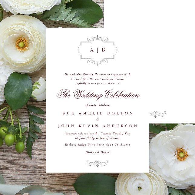 maroon burgundy silver classic monogram wedding invitation (Creator Uploaded)