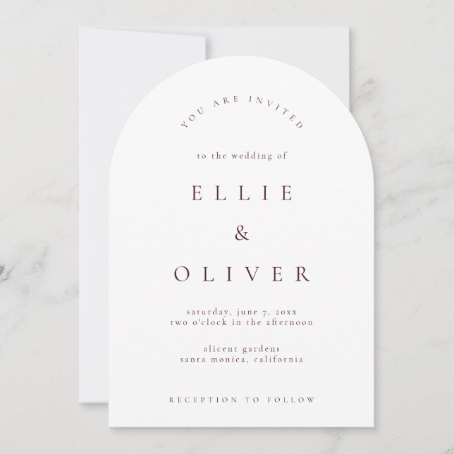 Maroon Burgundy & White Boho Arch Modern Wedding Invitation (Front)