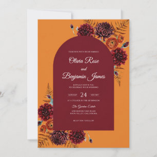 Maroon Burnt Orange Dahlia Wedding Invitation
