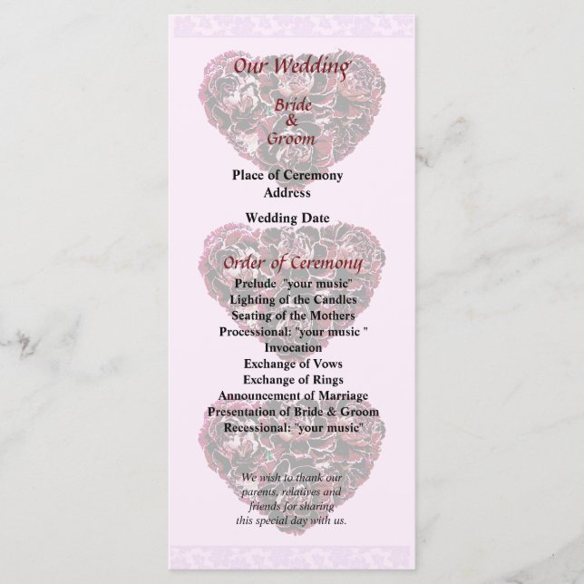 Maroon Carnation Heart Pink Bkgrnd Wedding Program (Front)