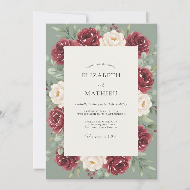 Maroon Celadon Painted Wedding Invitation (Front)