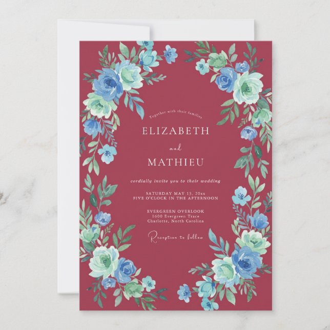 Maroon Cerulean Ranunculus Eucalyptus Wedding Invitation (Front)