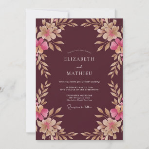 Maroon Champagne Floral Watercolor Wedding Invitation