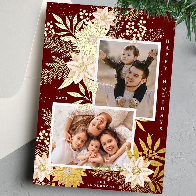 Maroon Christmas Poinsettia Photo Collage Gold Foil Holiday Card (Creator Uploaded)