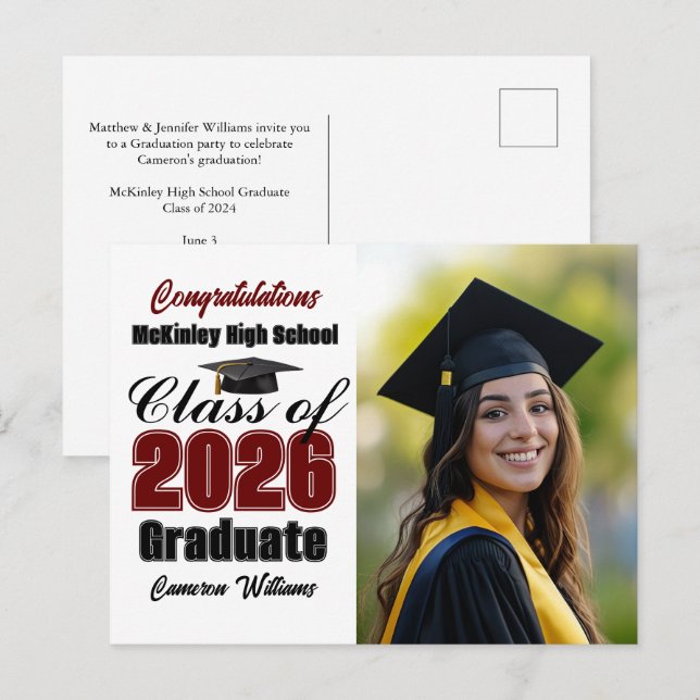 Maroon Class of 2026 Graduate Photo Graduation Announcement Postcard (Front/Back)