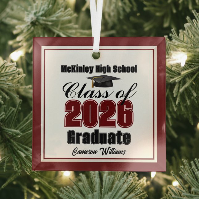 Maroon Class of 2026 Graduation Custom Christmas Glass Tree Decoration (Insitu)