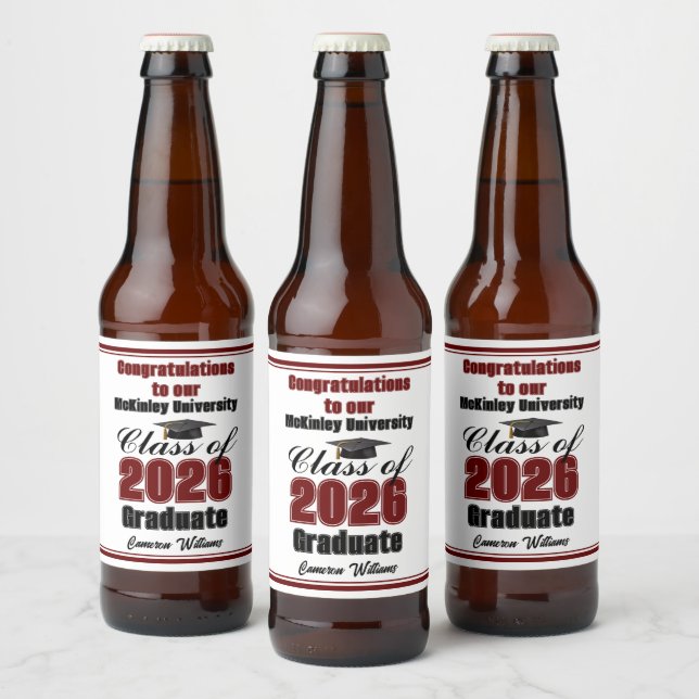 Maroon Class of 2026 Graduation Party Custom Beer Bottle Label (Bottles)