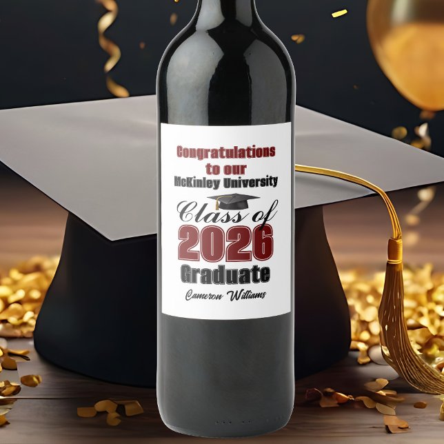 Maroon Class of 2026 Graduation Party Custom Wine Label (Creator Uploaded)