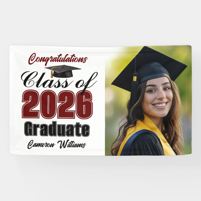 Maroon Class of 2026 Graduation Party Photo Banner (Horizontal)