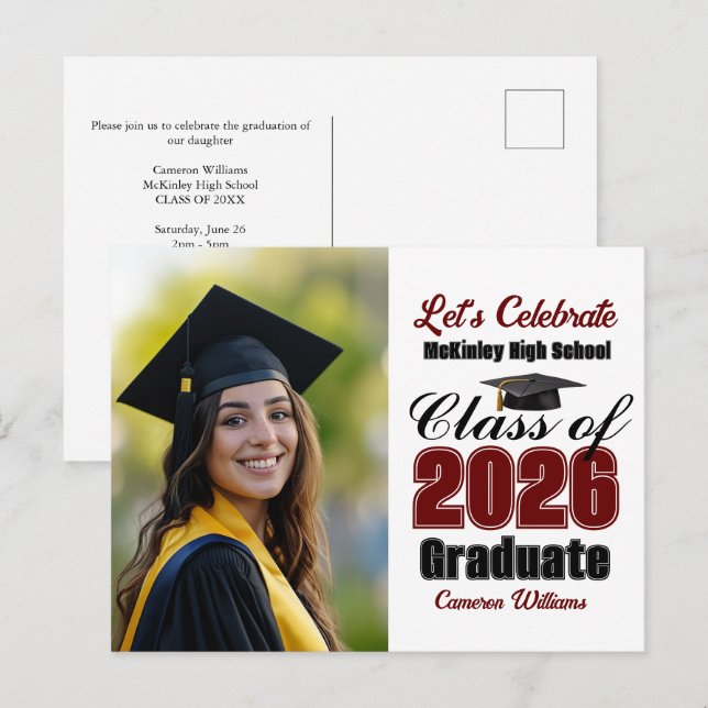 Maroon Class of 2026 Photo Graduation Party Invitation Postcard (Front/Back)