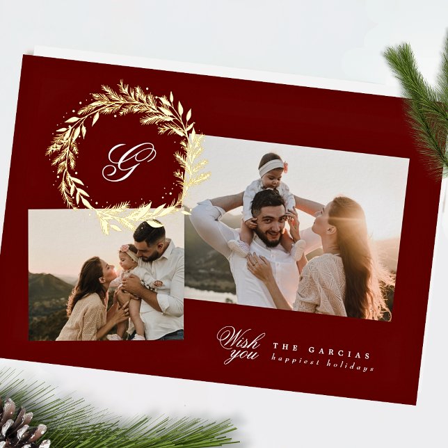 Maroon Classic Christmas monogram wreath TWO photo Foil Holiday Card (Creator Uploaded)