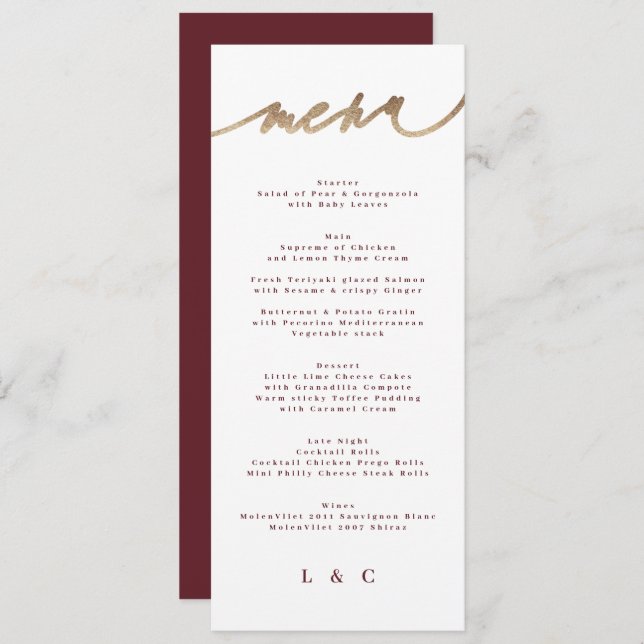 Maroon Classic Dark Red Plum Burgundy Wedding Menu (Front/Back)