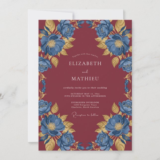Maroon Cobalt Flower Eucalyptus Wedding Invitation (Front)