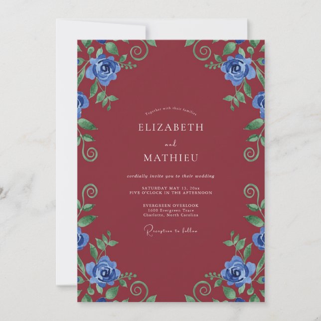Maroon Cobalt Vine Wedding Invitation (Front)