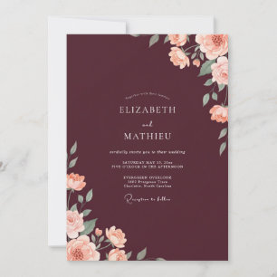 Maroon Coral Foliage Dusty Eucalyptus Wedding Invitation