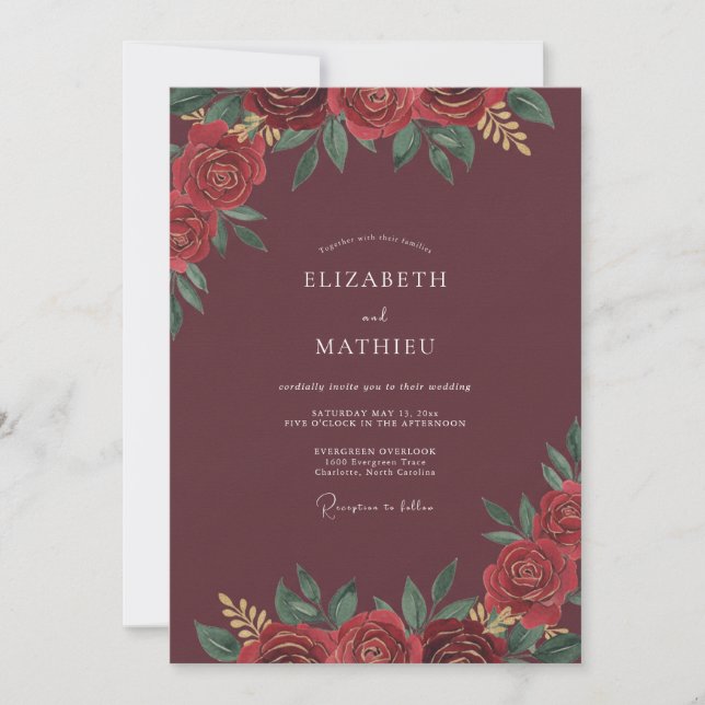 Maroon Crimson Leafy Wedding Invitation (Front)