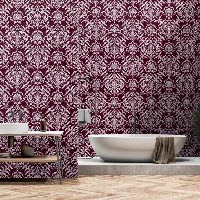 Maroon Damask Colour Peel and Stick Removable Viny Wallpaper (Bathroom)