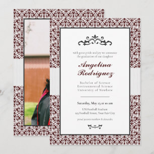 Maroon Damask Pattern Photo Graduation Invitation